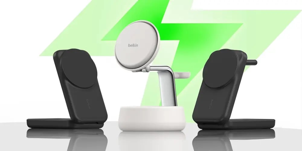 Three Belkin wireless charging stands displayed with a green lightning graphic.