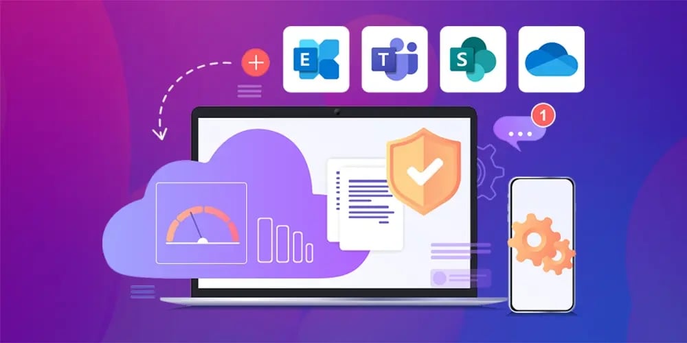 Illustration of a laptop and phone showing cloud security, performance, and Microsoft 365 app icons.