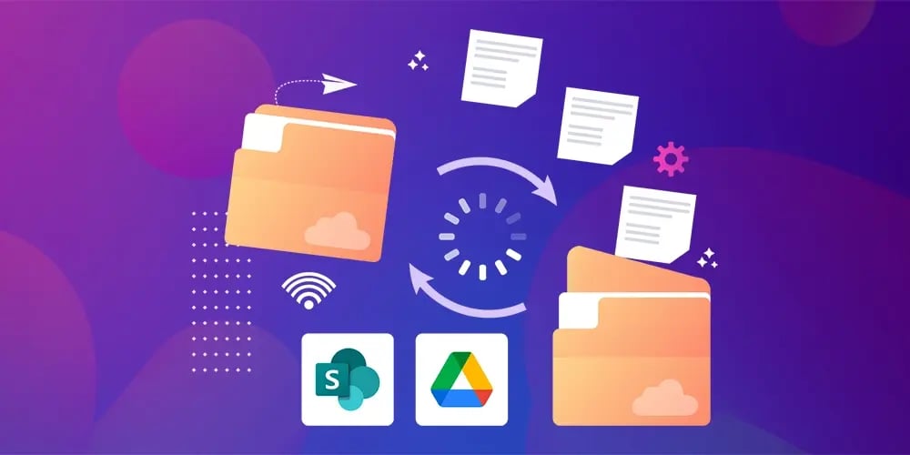 Graphic of folders and documents moving between platforms like SharePoint and Google Drive.