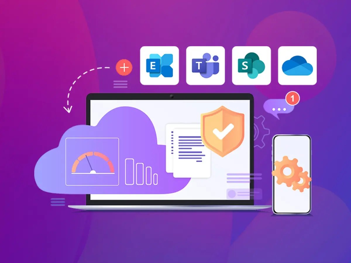 Illustration of laptops transferring files and folders across cloud systems on a purple background.