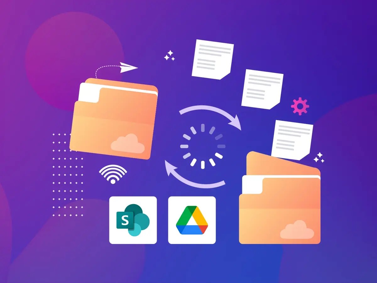 Graphic of folders and documents moving between platforms like SharePoint and Google Drive.