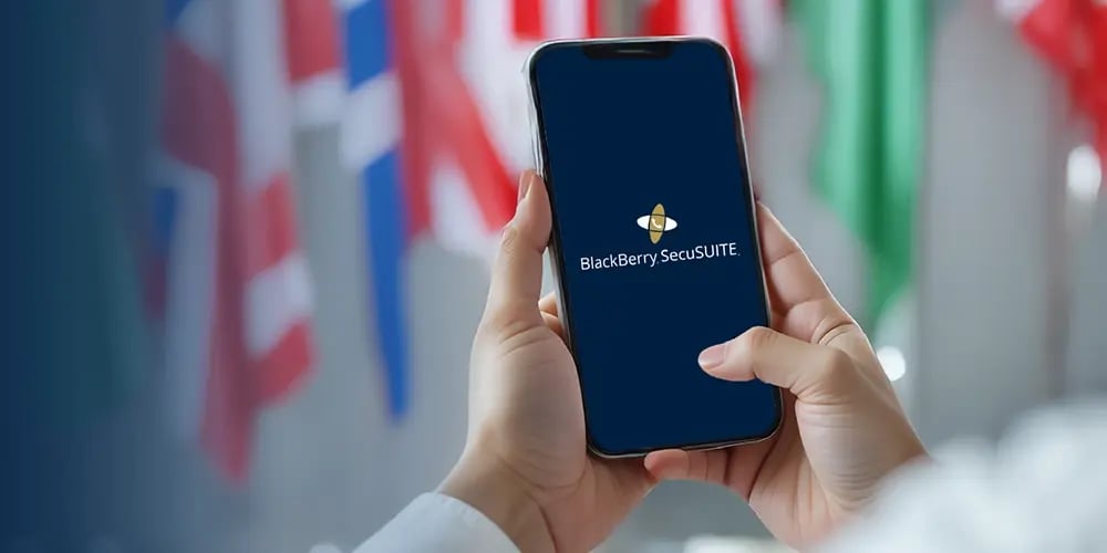 Hands holding a smartphone showing the BlackBerry SecuSUITE logo.