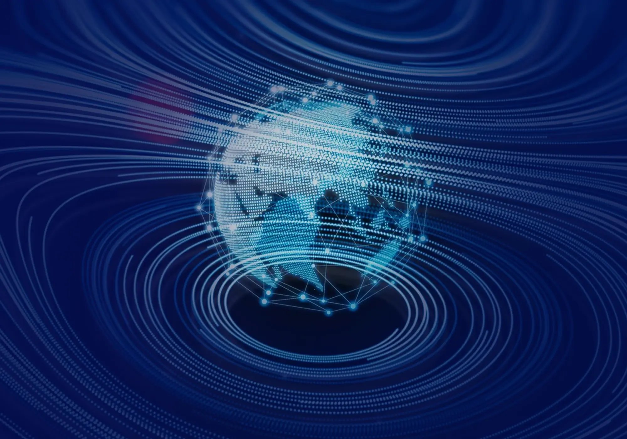 Digital illustration of a glowing blue globe surrounded by swirling data lines.