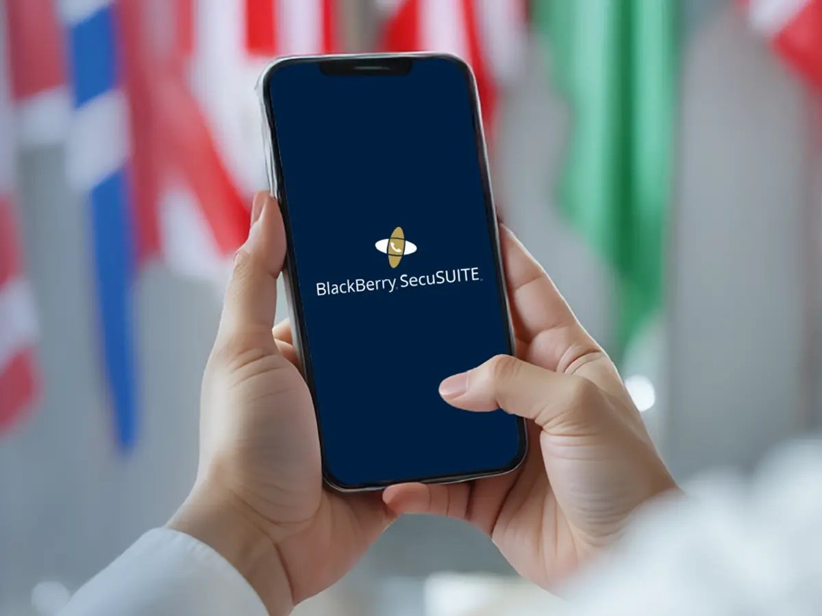 Hands holding a smartphone showing the BlackBerry SecuSUITE logo.