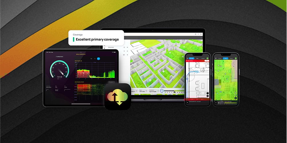Tablets and phones showing Wi‑Fi analytics, heatmaps, and coverage reports for wireless network design.