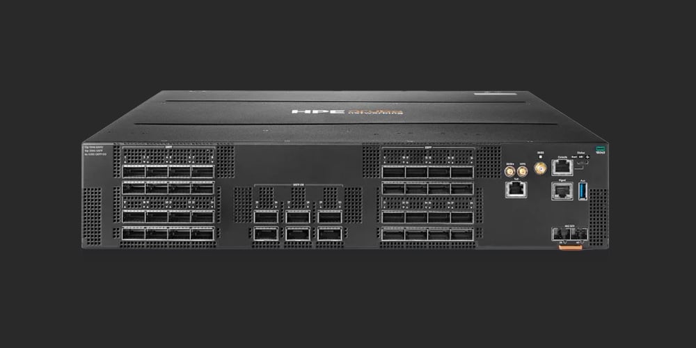 Rack‑mount enterprise server with multiple drive bays, network ports, and ventilation panels on a dark background.