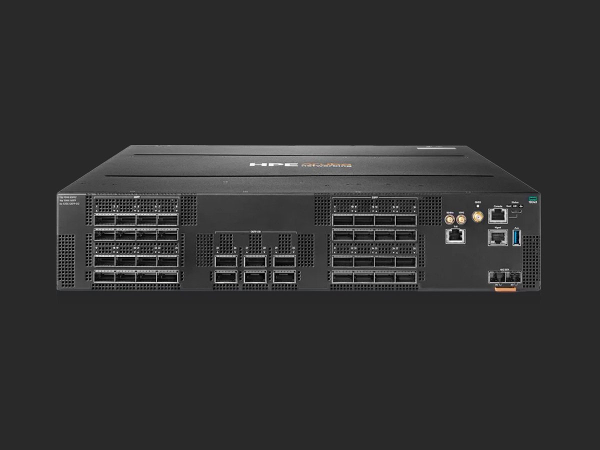 Rack‑mount enterprise server with multiple drive bays, network ports, and ventilation panels on a dark background.