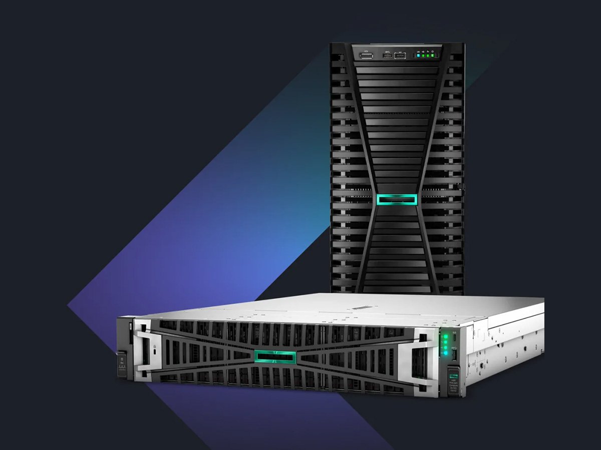 Tower server and rack‑mounted server shown together against a dark background.
