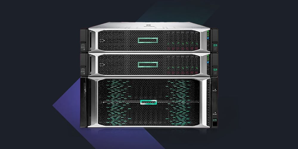 Stack of rack‑mounted servers with illuminated status indicators.