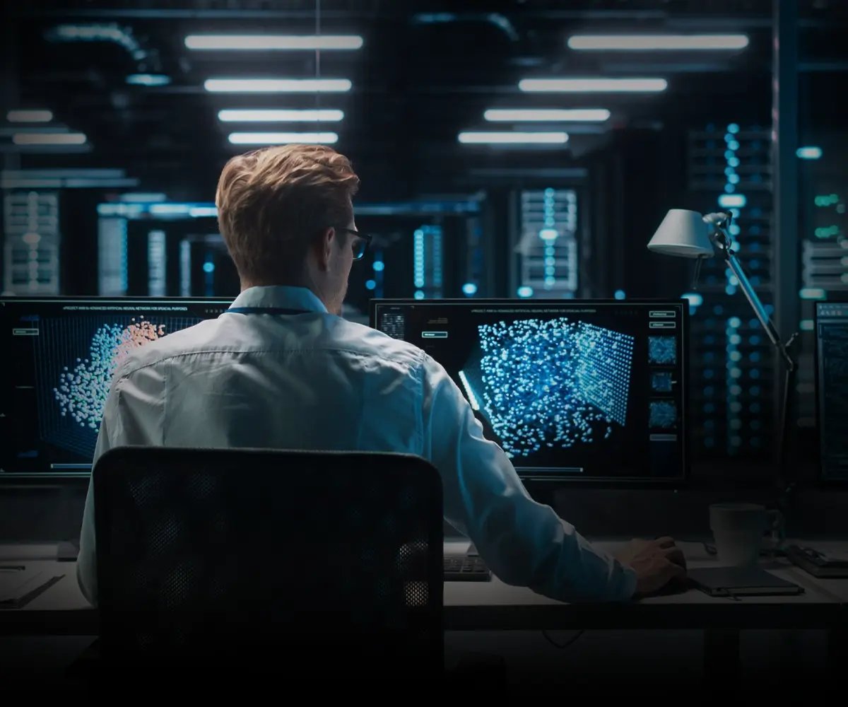 A person is seated at a desk in a dimly lit room, facing multiple computer screens displaying complex data. The atmosphere is focused and high-tech.
