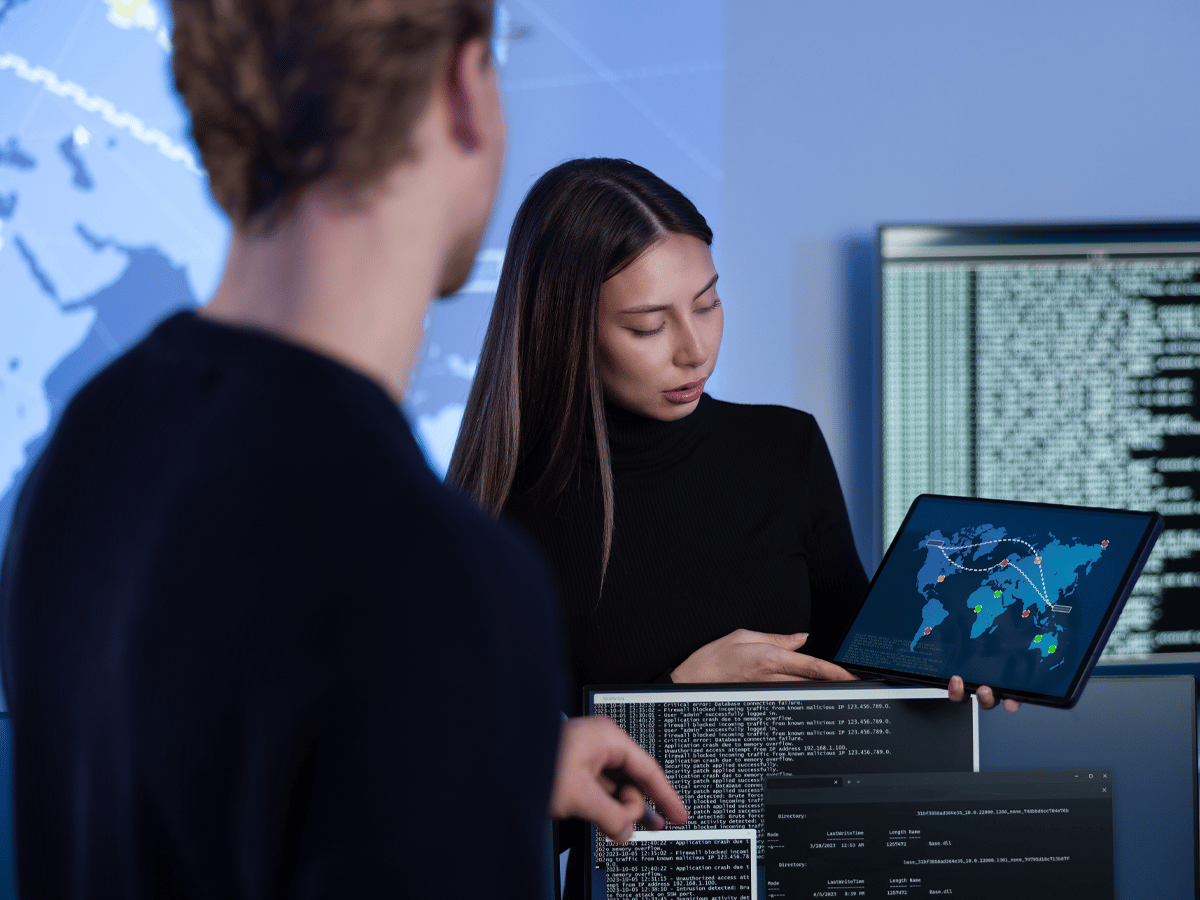 A woman in a tech office presents a tablet displaying a world map with data visuals. A man listens, surrounded by screens filled with code.