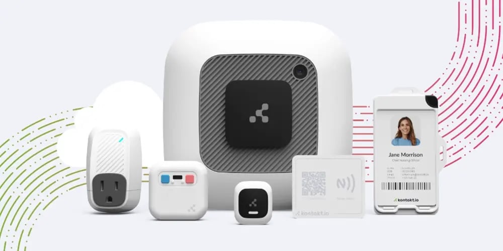 A lineup of smart IoT devices and sensors displayed together on a white background.