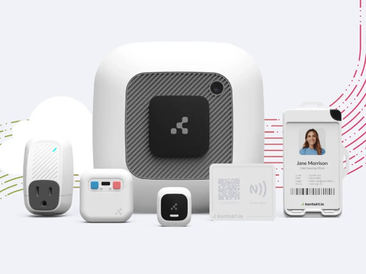 A lineup of smart IoT devices and sensors displayed together on a white background.