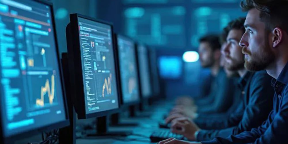People working at desktop computers in a control room with multiple monitors displaying data and charts.