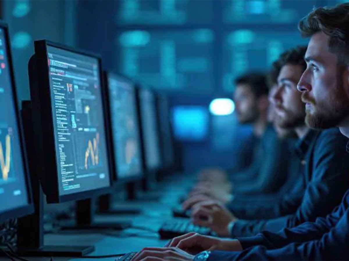 People working at desktop computers in a control room with multiple monitors displaying data and charts.