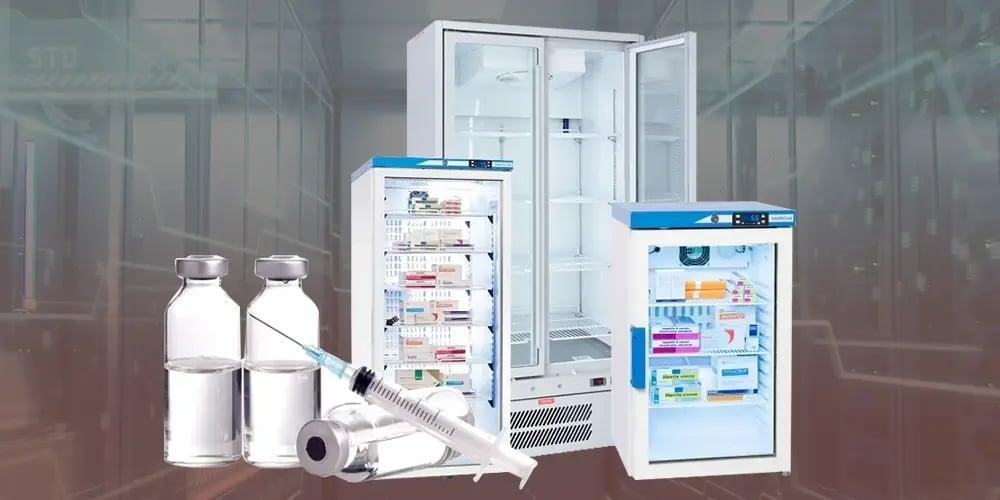 Medical refrigerators and vials displayed together in a clinical setting.
