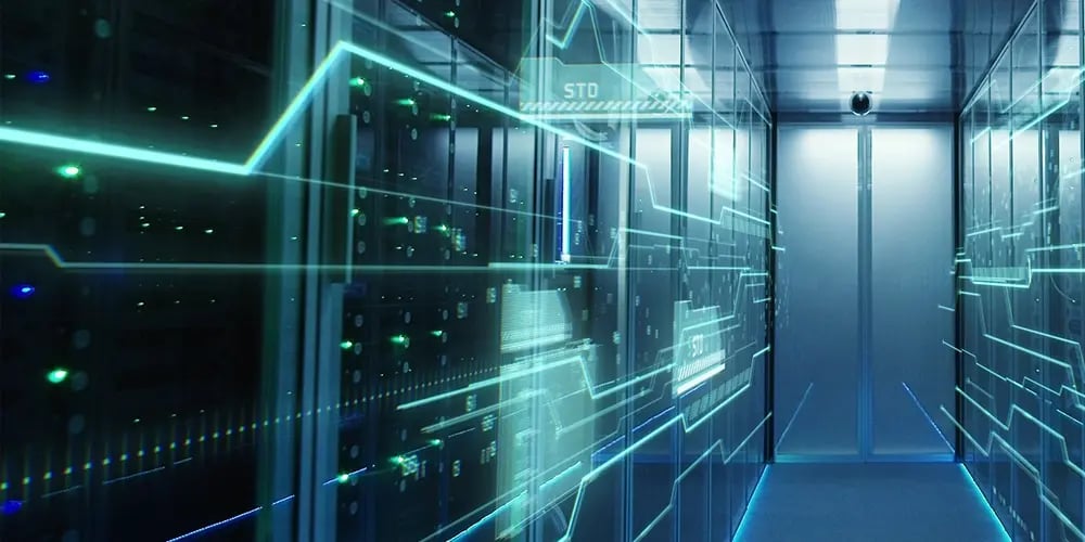 A data‑center corridor with illuminated digital interface graphics overlaying the server racks.