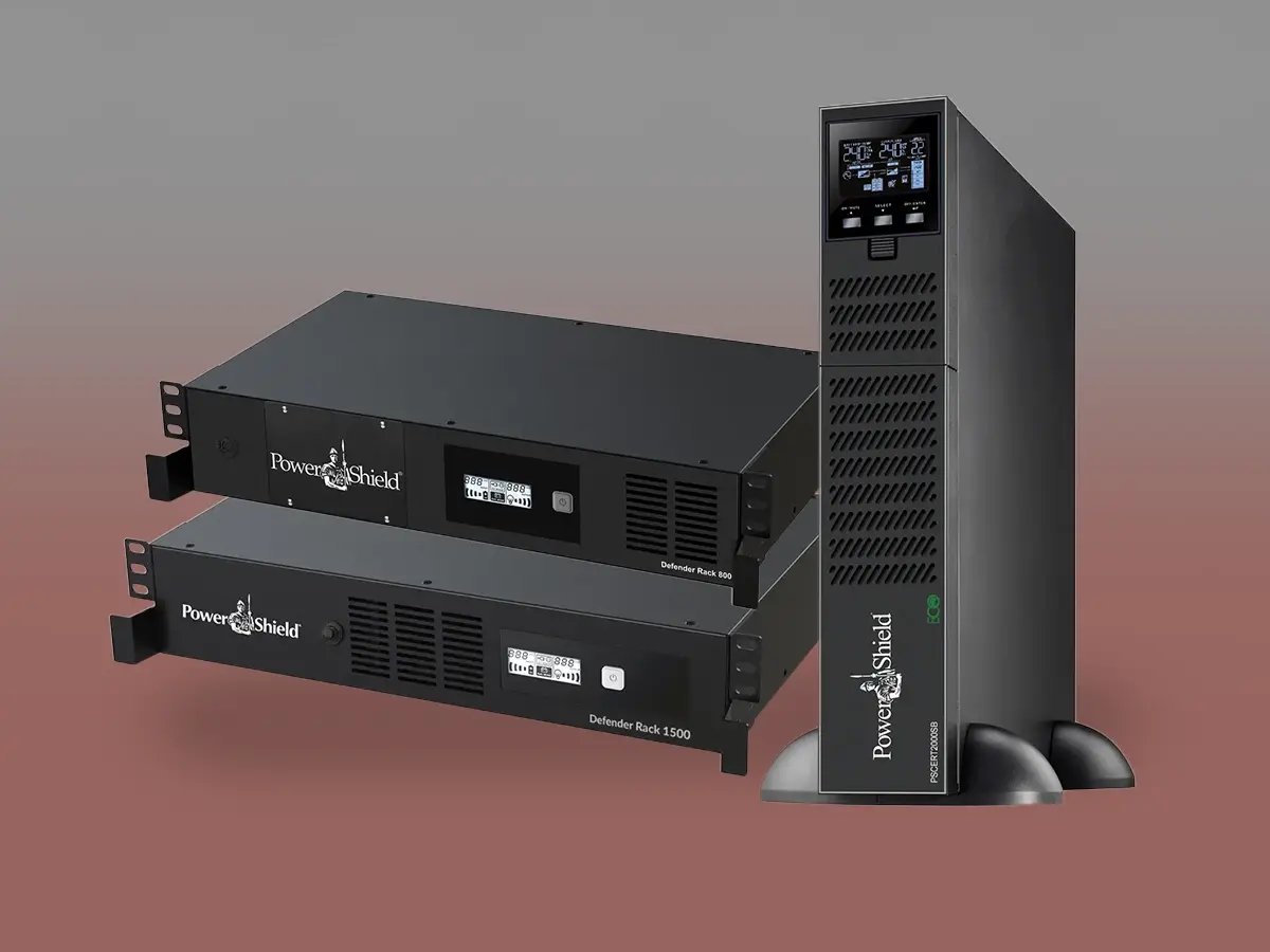PowerShield rack‑mount UPS systems and a tower UPS unit shown against a gradient background.