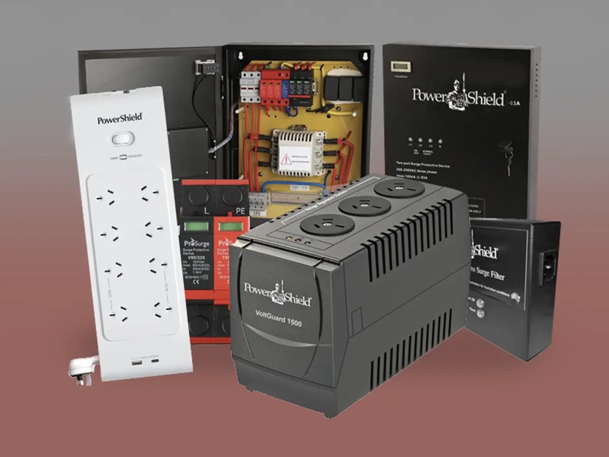 A collection of PowerShield surge protectors, UPS units, and power management devices displayed together.