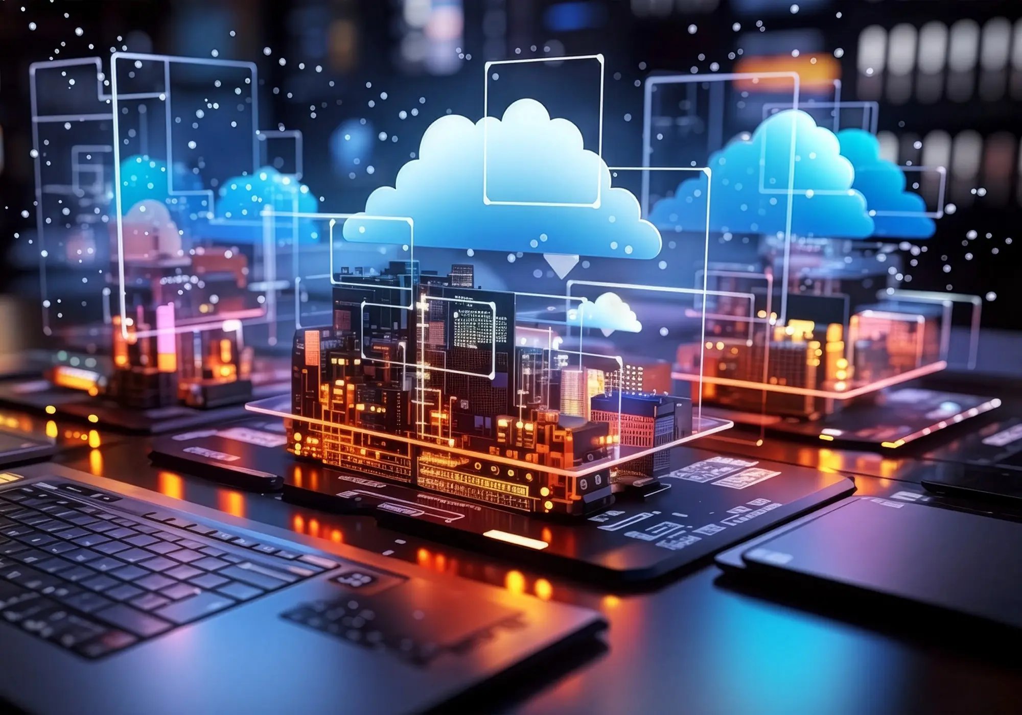 A digital cityscape on a table with glowing skyscrapers is enveloped by blue cloud icons. The scene symbolizes NAS and networking solutions.