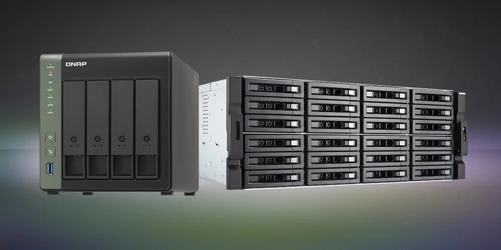 A QNAP NAS device with four bays sits beside a large server rack filled with drives. The background is a gradient of dark gray and subtle colors, conveying a tech-focused tone.