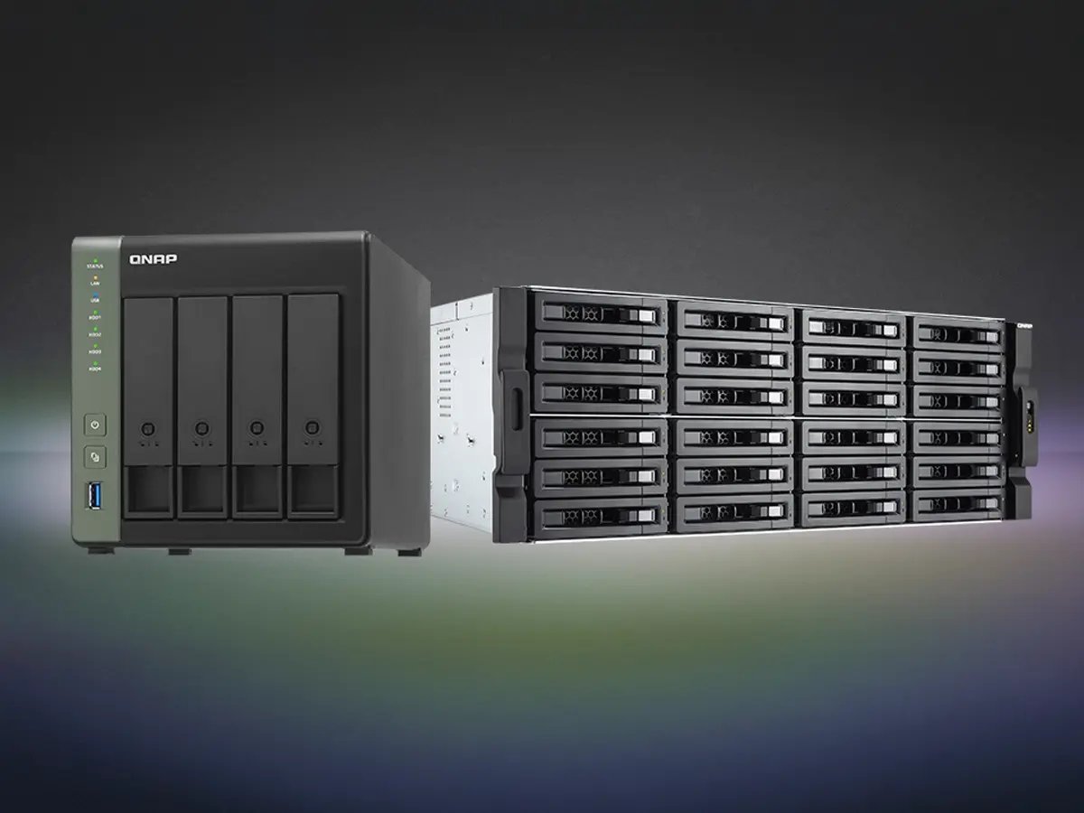 A QNAP NAS device with four bays sits beside a large server rack filled with drives. The background is a gradient of dark gray and subtle colors, conveying a tech-focused tone.