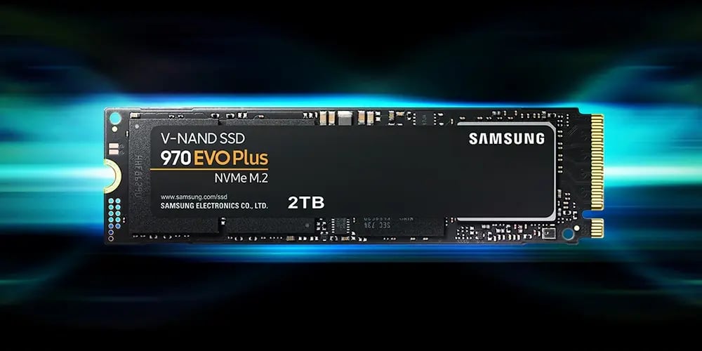 Samsung 970 EVO Plus 2TB NVMe M.2 SSD on dark background