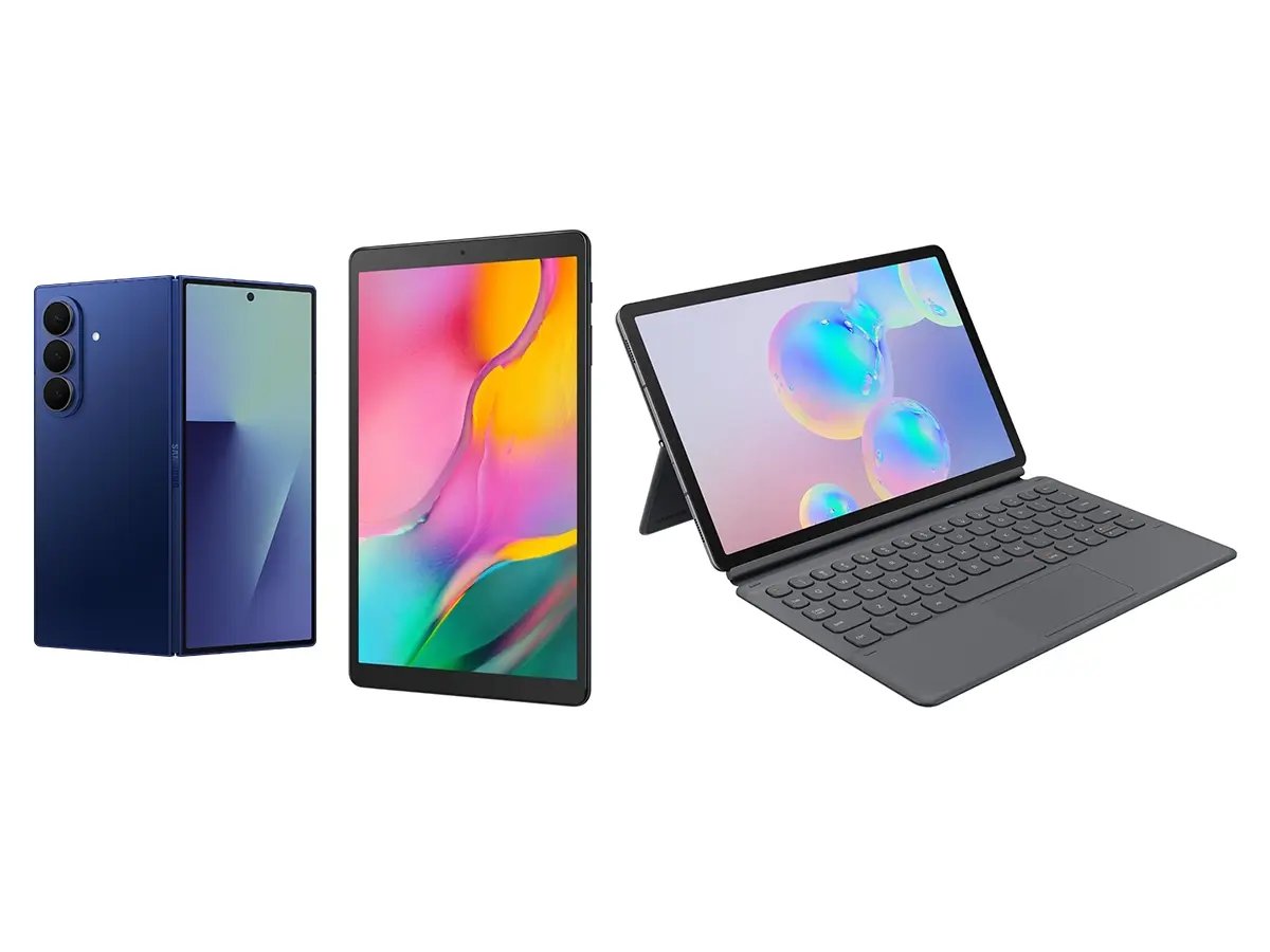 Samsung mobile phone, and tablets on a white background