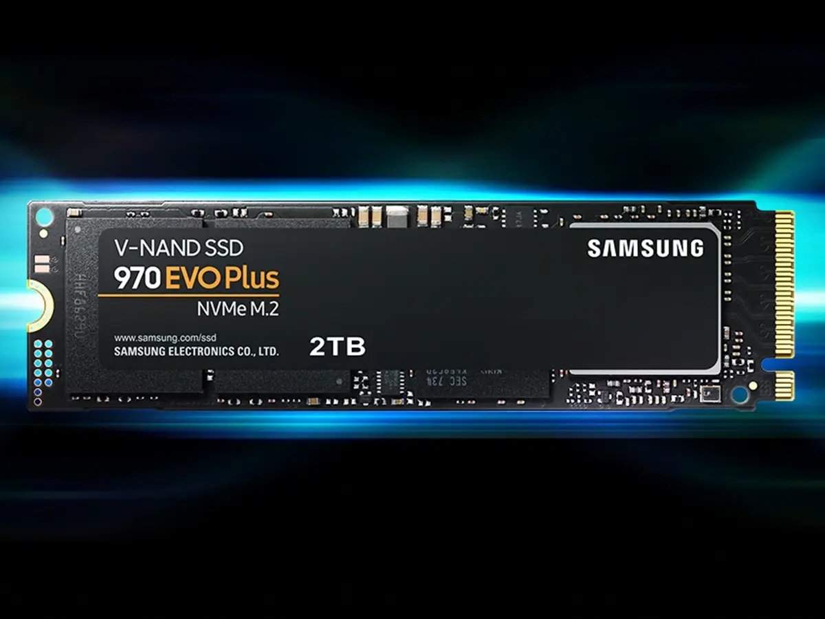 Samsung 970 EVO Plus 2TB NVMe M.2 SSD on dark background