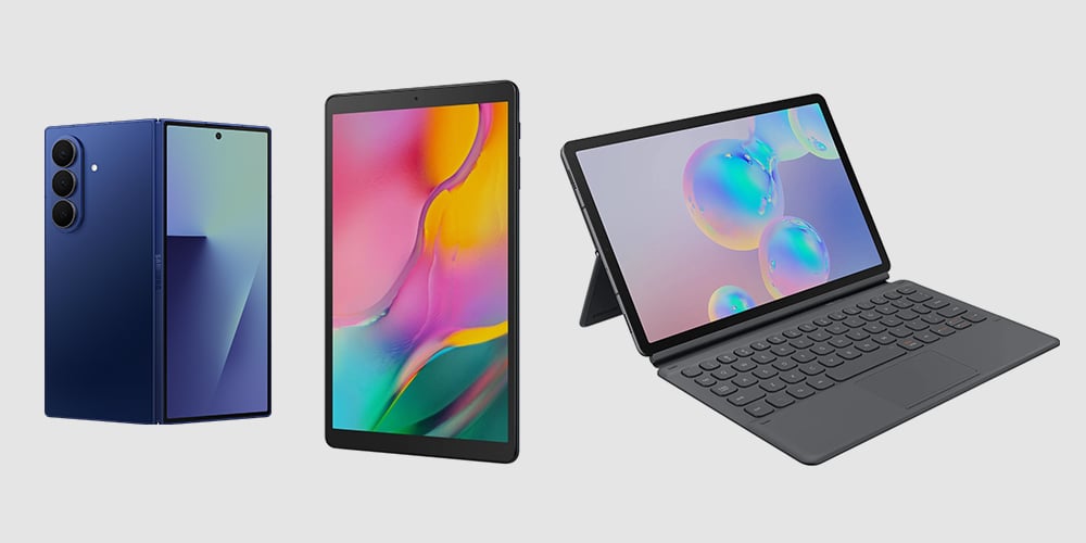 Samsung mobile phone, and tablets on a light background