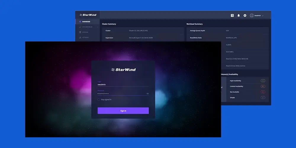 StarWind login screen displayed over a dark-themed dashboard interface.