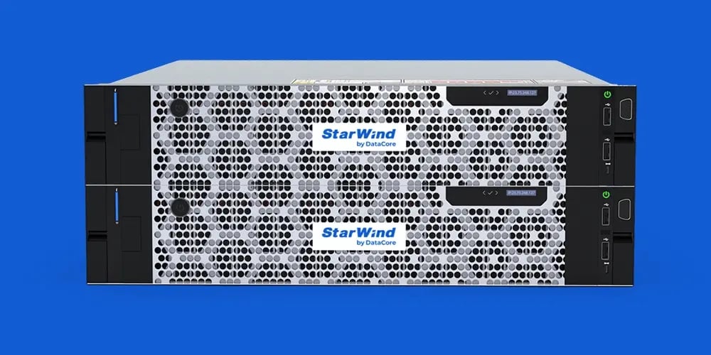 Front view of stacked StarWind server units against a blue background.