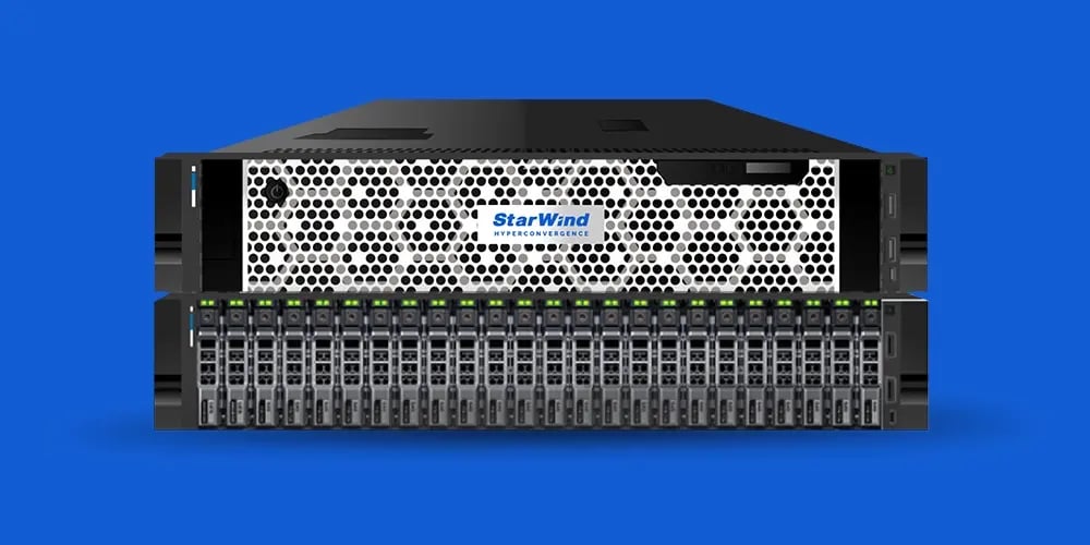 Front view of a StarWind hyperconverged storage appliance with multiple drive bays against a blue background.