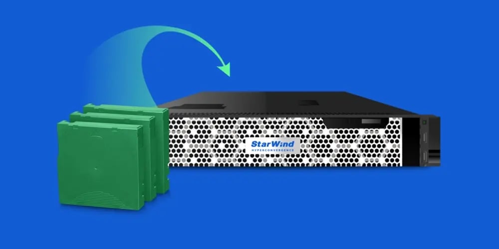 StarWind storage appliance shown with stacked green backup cartridges and an arrow indicating data transfer.