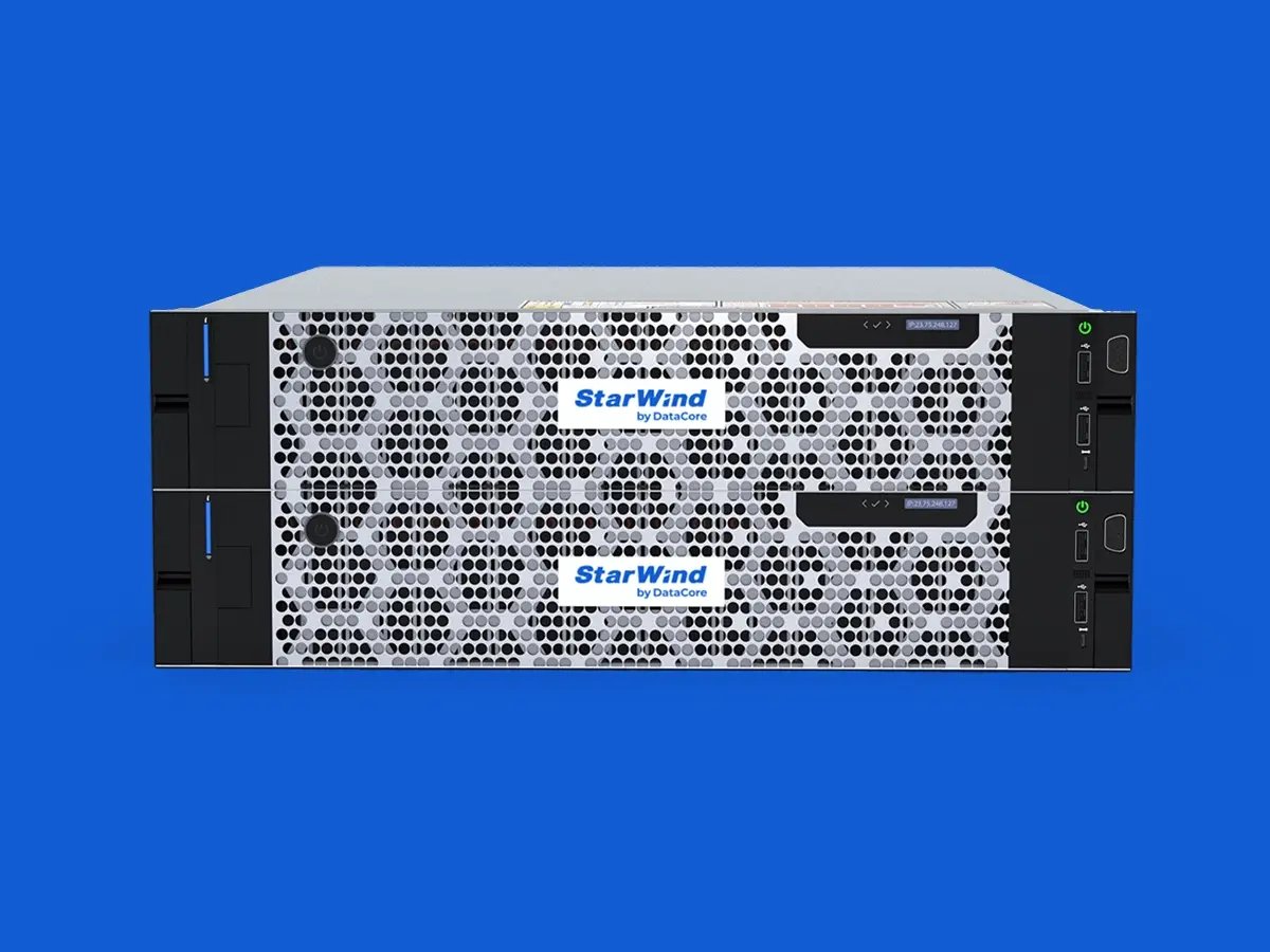 Front view of stacked StarWind server units against a blue background.