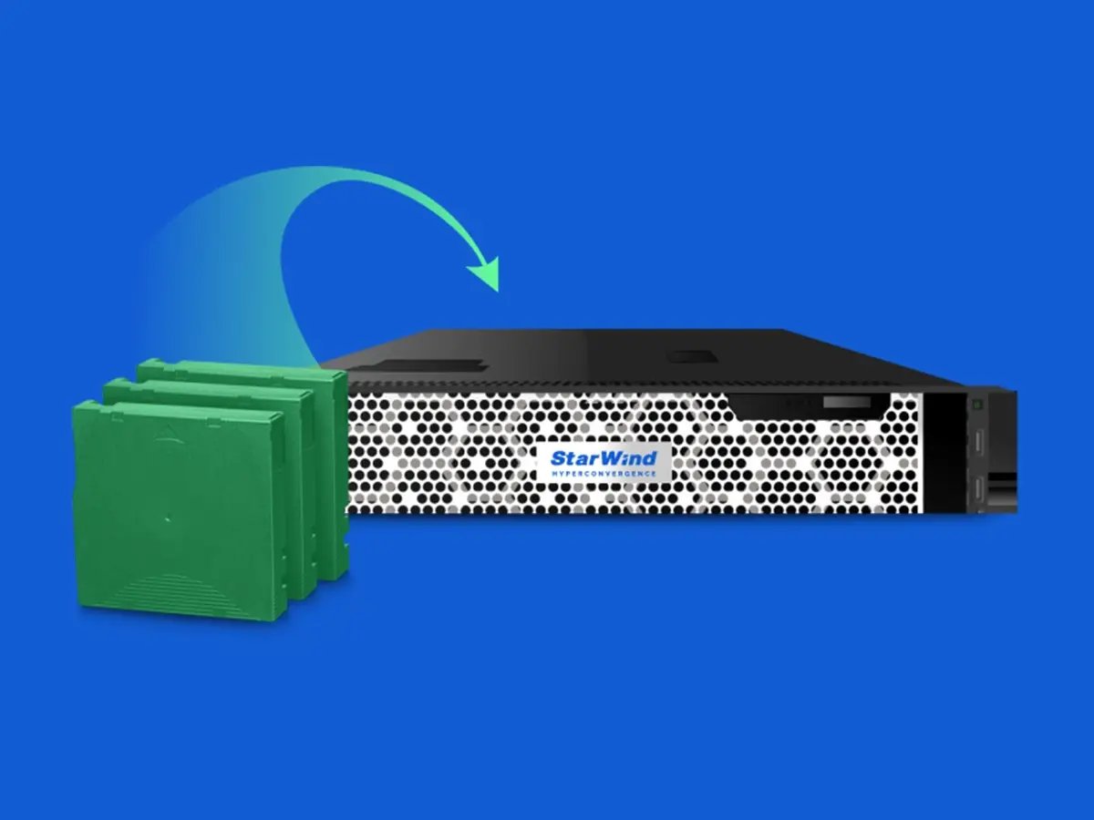 StarWind storage appliance shown with stacked green backup cartridges and an arrow indicating data transfer.