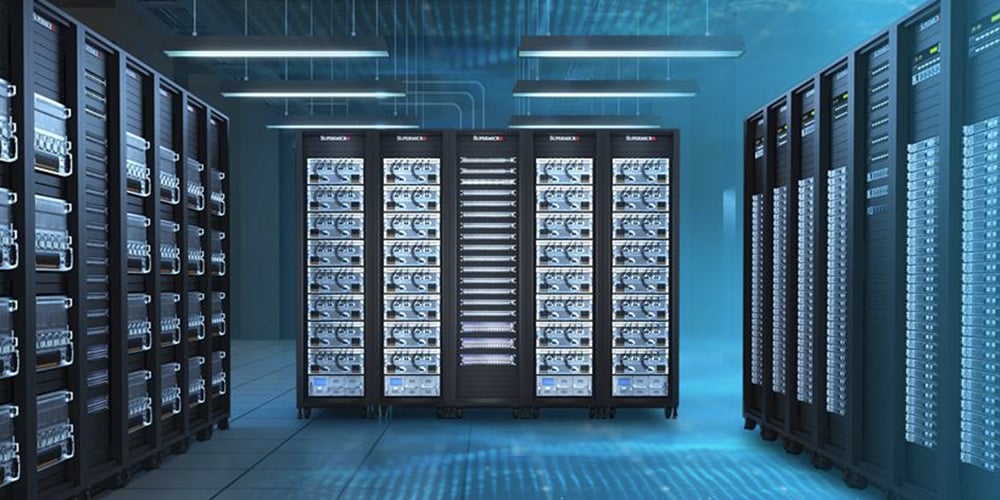 Rows of server racks in a modern data center, showing high-performance computing and storage systems.