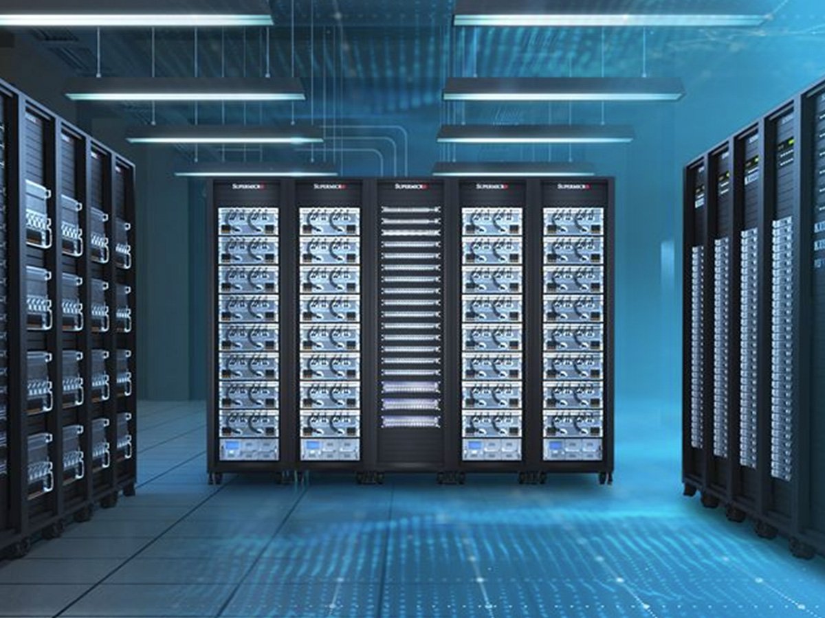 Rows of server racks in a modern data center, showing high-performance computing and storage systems.