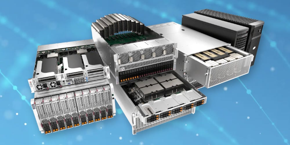Modular server hardware components arranged side by side, showing compute, storage, and cooling units.