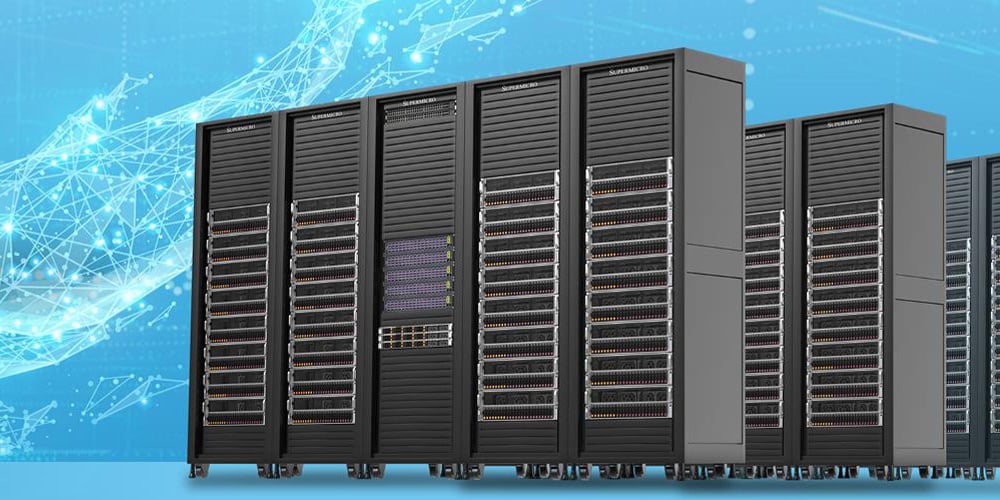 Row of black server racks in a data center, representing high-density computing and storage infrastructure.