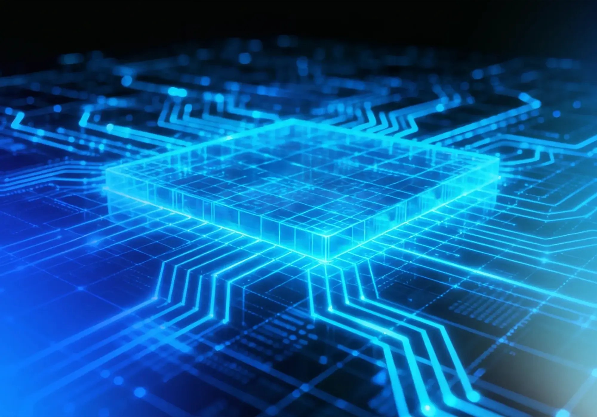 Glowing blue microchip on a digital circuit background