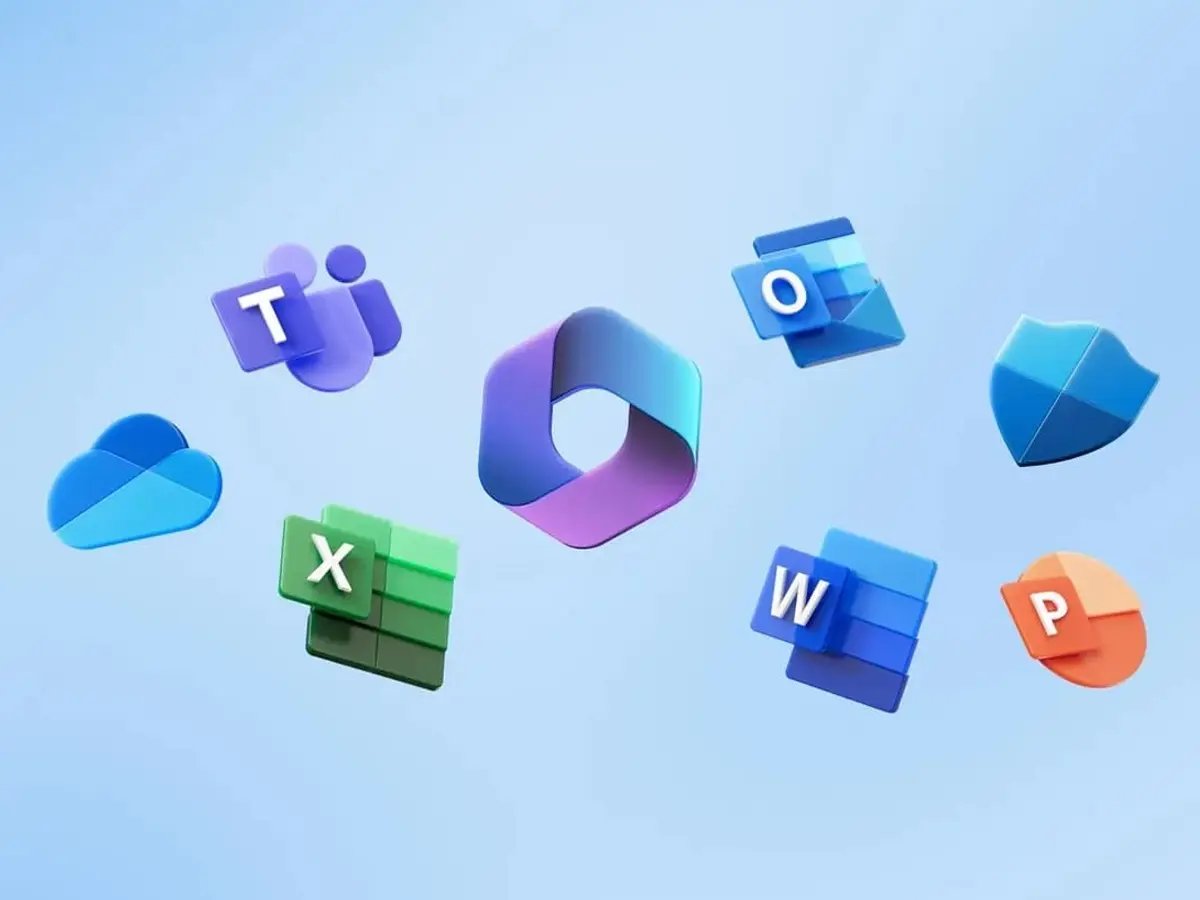 Colorful 3D icons for Microsoft apps, including Word, Excel, PowerPoint, Teams, and Outlook, floating on a light blue background, conveying technology and connectivity.