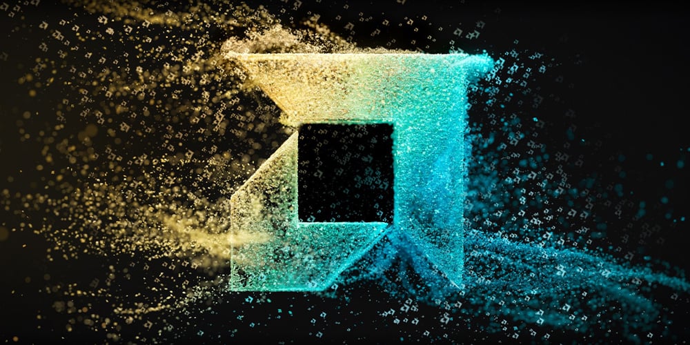 Abstract AMD logo formed by particles in blue and gold colors on a black background.