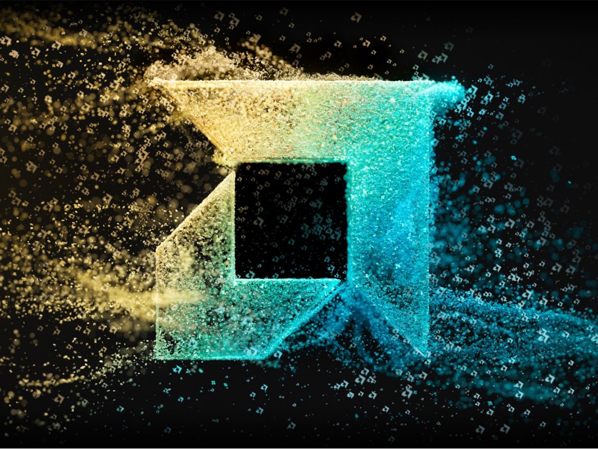 Abstract AMD logo formed by particles in blue and gold colors on a black background.