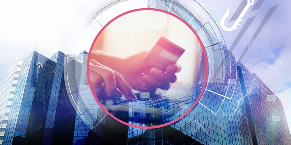 Abstract image of hands typing on a keyboard overlaid with a circular frame and glass building background.