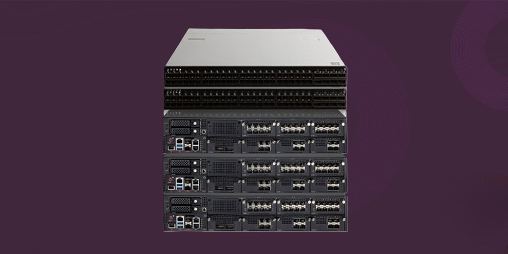 Stacked network server hardware units against a dark purple background.
