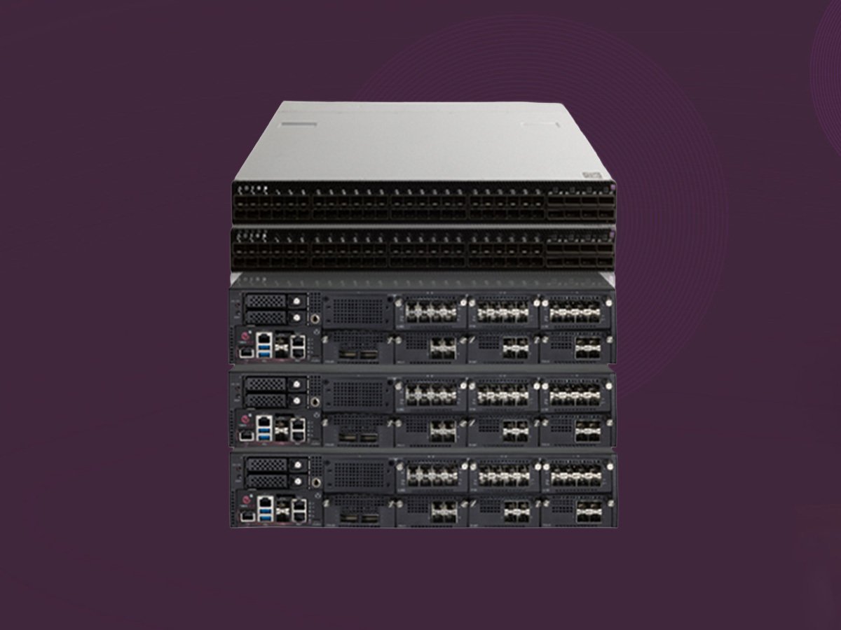 Stacked network server hardware units against a dark purple background.
