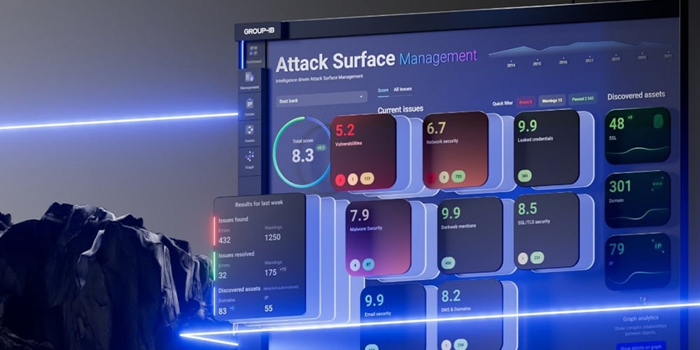 Cybersecurity dashboard showing attack surface metrics and system issue scores.