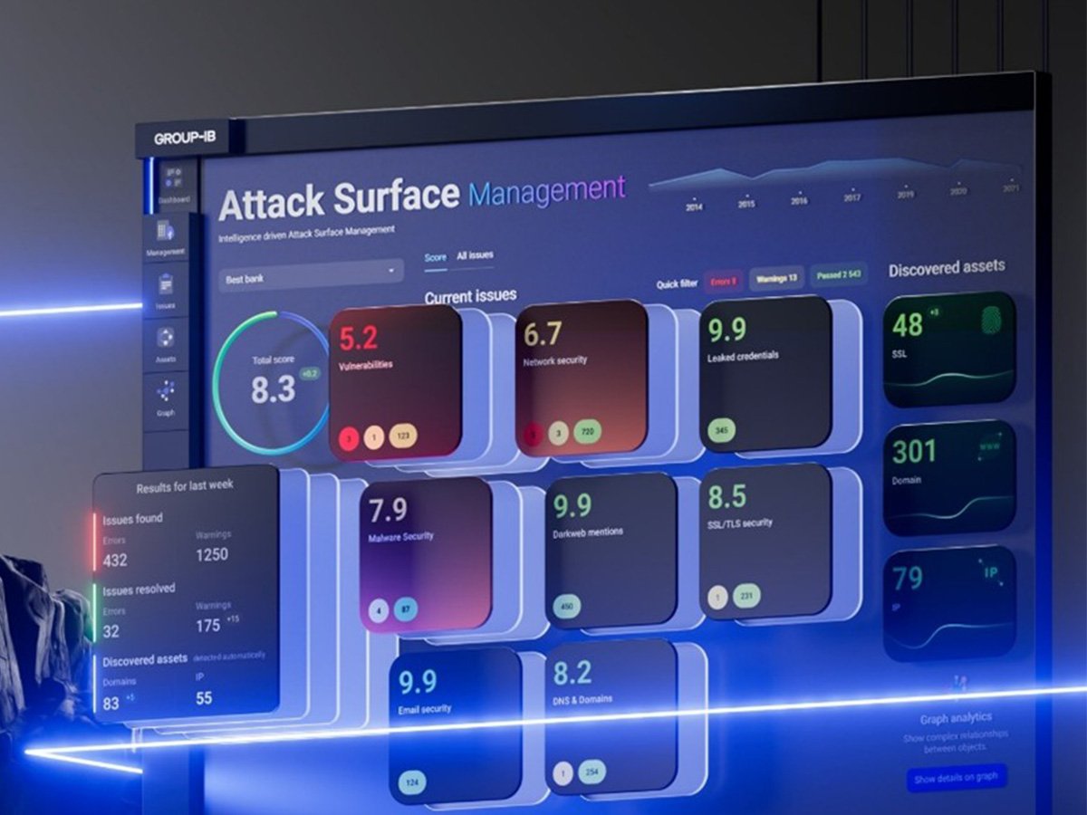 Cybersecurity dashboard showing attack surface metrics and system issue scores.