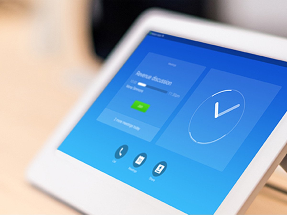 Close-up of a touchscreen device displaying a blue interface with a checkmark and call, message, share icons.
